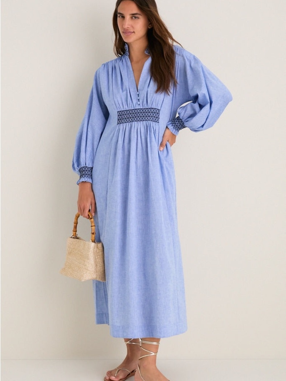 Tuckernuck Aubrey Chambray Linen Blend Smocked Maxi Dress Small NWOT - Picture 5 of 17